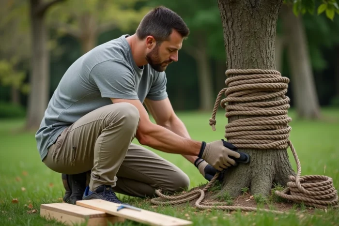 Homme installant une corde de balançoire autour d'un tronc d'arbre avec des protections en caoutchouc dans un jardin