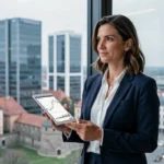 Femme d'affaires regardant le skyline de Luxembourg City, illustrant l'investissement dans les startups luxembourgeoises