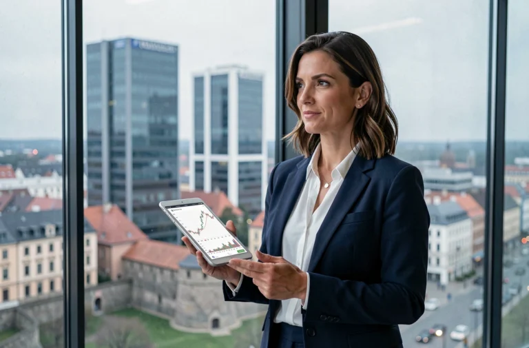 Femme d'affaires regardant le skyline de Luxembourg City, illustrant l'investissement dans les startups luxembourgeoises