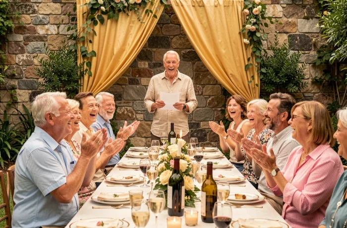 Invités qui rient lors d'un discours humoristique pendant une célébration de noces d'or en plein air