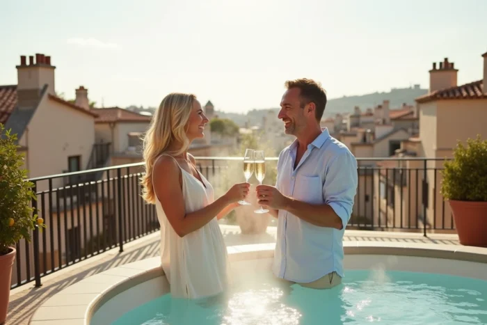 Couple en tenue estivale trinquant au champagne près d'un jacuzzi sur un rooftop de boutique-hôtel à Aix-en-Provence