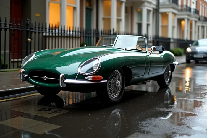 Jaguar Type E Série 1 verte de 1961 garée sur une rue londonienne sous la pluie avec des reflets sur le pavé