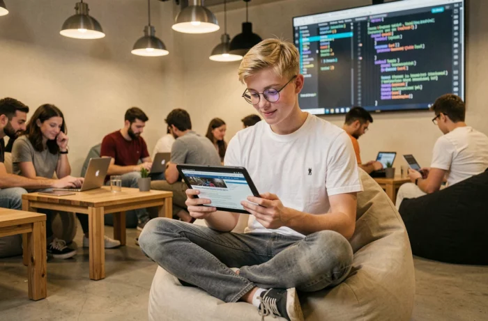 Jeune adulte consultant des actualités et tutoriels informatiques sur tablette dans un espace communautaire moderne