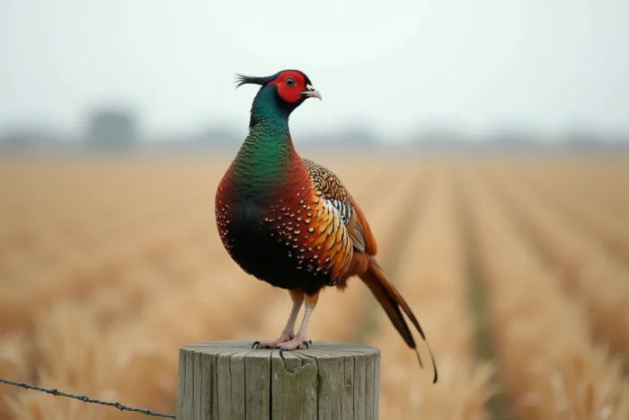 Jeune faisan mâle aux plumes adultes naissantes perché sur un vieux poteau en bois en bordure de champ agricole, prêt à l'envol