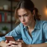 Jeune femme consultant les résultats de son permis de conduire sur son smartphone à la maison