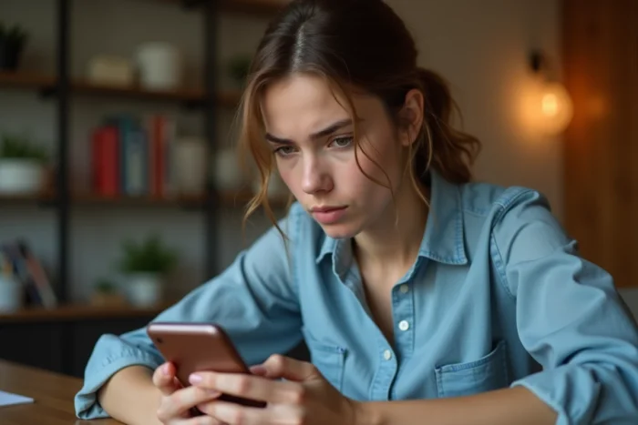 Jeune femme consultant les résultats de son permis de conduire sur son smartphone à la maison