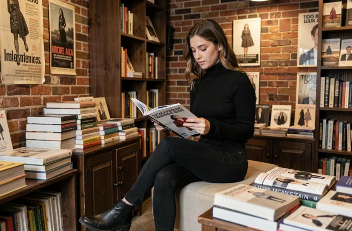 Jeune femme en total look noir dans une librairie indépendante, incarnant le style minimaliste et l'audace de la couleur noire dans la mode féminine
