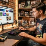 Jeune homme passionné de geek culture consultant des actualités high-tech sur un écran ultrawide dans un bureau gaming moderne rempli de figurines et d'accessoires tech