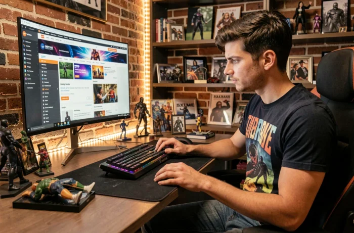 Jeune homme passionné de geek culture consultant des actualités high-tech sur un écran ultrawide dans un bureau gaming moderne rempli de figurines et d'accessoires tech