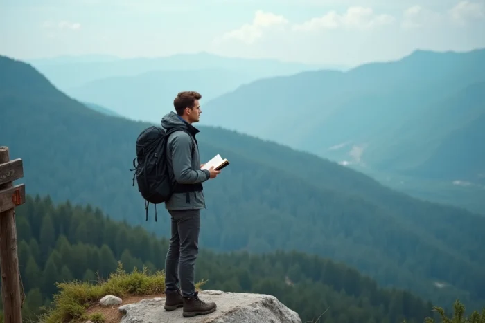 Jeune homme contemplant un panorama montagneux avec son carnet de voyage à la main