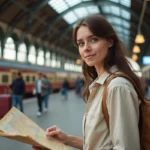 Jeune femme consultant une carte dans une gare européenne avec son sac à dos de voyage