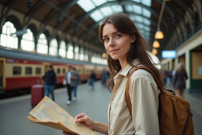 Jeune femme consultant une carte dans une gare européenne avec son sac à dos de voyage