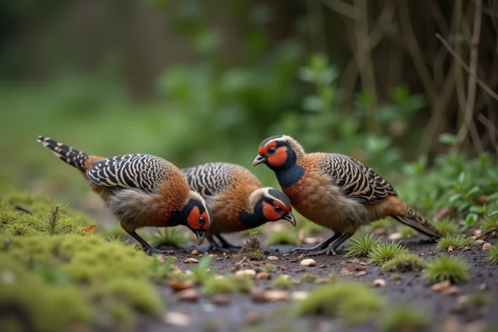 Trois jeunes faisans en cours de développement du plumage qui fouragent ensemble dans une prairie humide entourée de haies de campagne