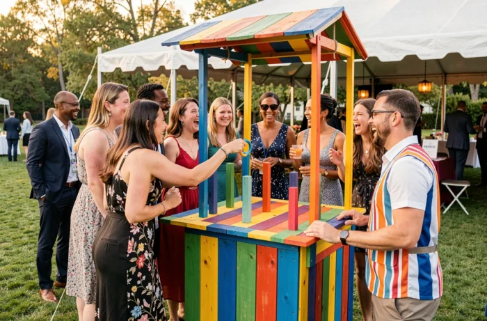 Participants joyeux autour d'un jeu de fête en plein air lors d'un événement festif d'entreprise avec stand coloré