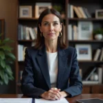 Femme journaliste professionnelle assise à un bureau dans un bureau éditorial moderne, illustrant la vie publique et privée d'une personnalité médiatique