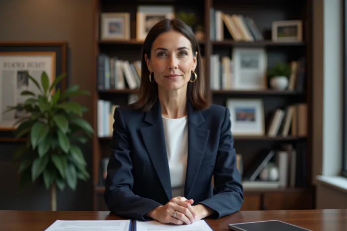 Femme journaliste professionnelle assise à un bureau dans un bureau éditorial moderne, illustrant la vie publique et privée d'une personnalité médiatique