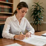 Juriste française analysant des documents sur le droit d'auteur et la législation numérique en 2024