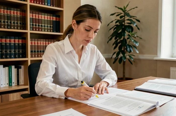 Juriste française analysant des documents sur le droit d'auteur et la législation numérique en 2024