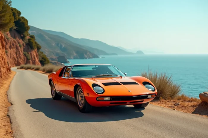 Lamborghini Miura SV orange de 1971 sur une route côtière surplombant la Méditerranée