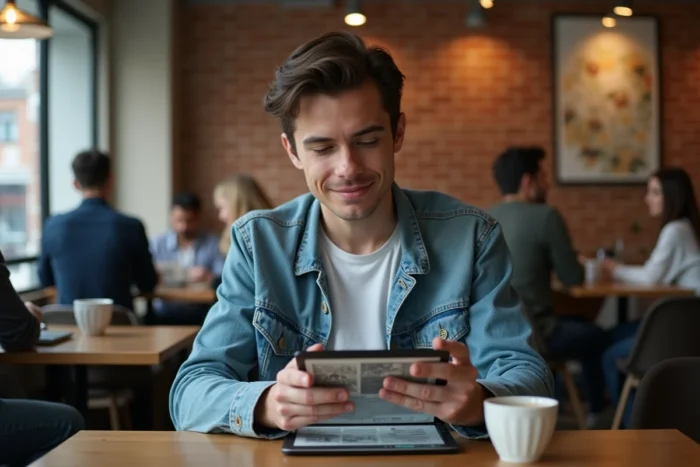 Jeune homme lisant des scans manga sur tablette dans un café urbain