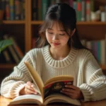 Jeune femme lisant un manga en français dans une bibliothèque cozy à la maison