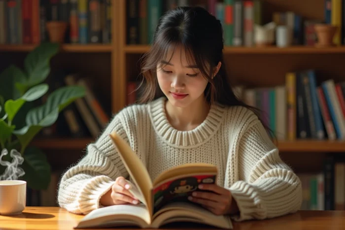 Jeune femme lisant un manga en français dans une bibliothèque cozy à la maison