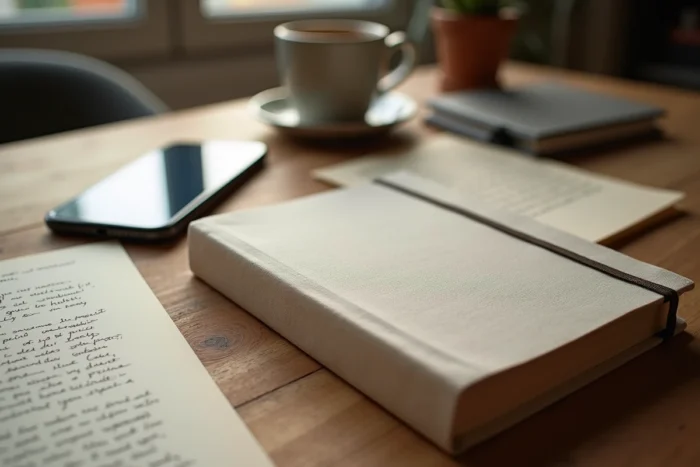 Livre imprimé en ligne posé sur une table avec smartphone affichant une confirmation de commande d'impression