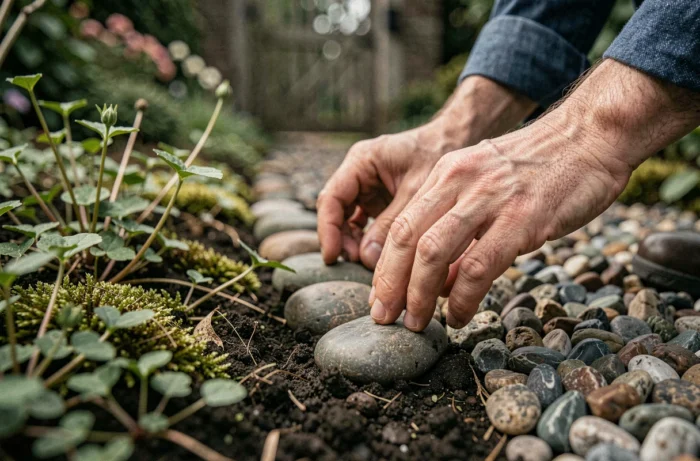 Mains disposant des galets le long d'une allée de jardin avec plantes couvre-sol et gravier décoratif