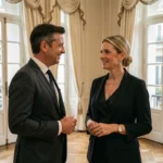 Couple élégant en tenue de soirée lors d'une réception formelle dans un salon parisien, illustrant un mariage médiatique français