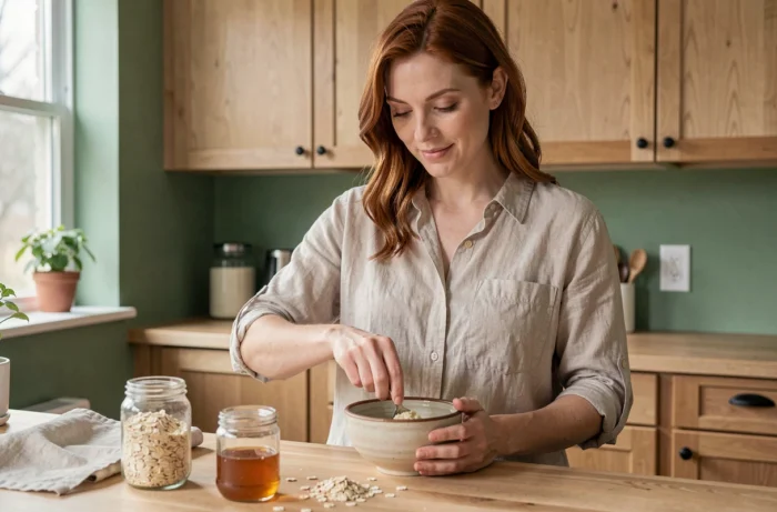 Femme préparant un masque beauté maison avec des ingrédients naturels dans une cuisine lumineuse pour une routine beauté saine