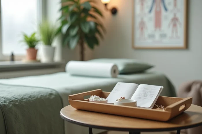 Plateau d'acupuncture avec aiguilles stériles et dossier patient dans un cabinet de médecine traditionnelle belge