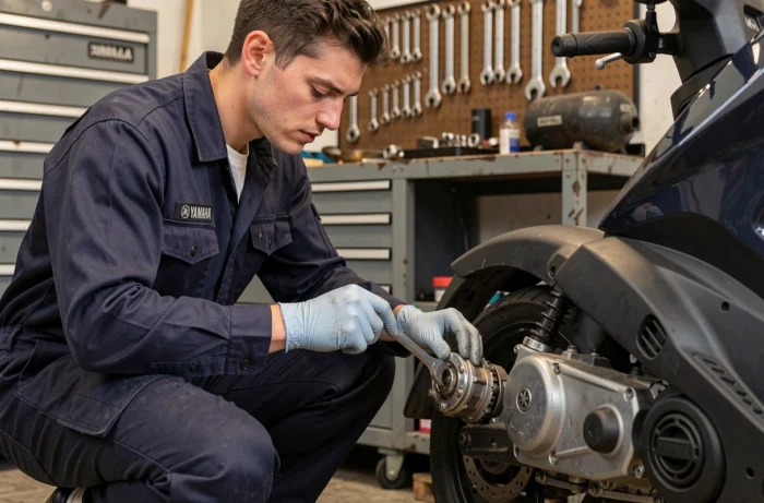Mécanicien inspectant le variateur d'un XMAX 125 dans un atelier professionnel