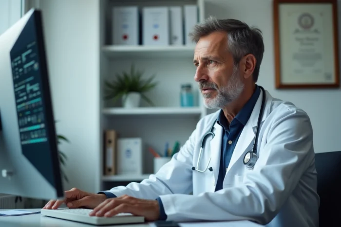 Médecin généraliste consultant un logiciel de prise de rendez-vous en ligne dans son cabinet médical