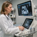 Médecin femme examinant un échographe performant dans un cabinet médical moderne