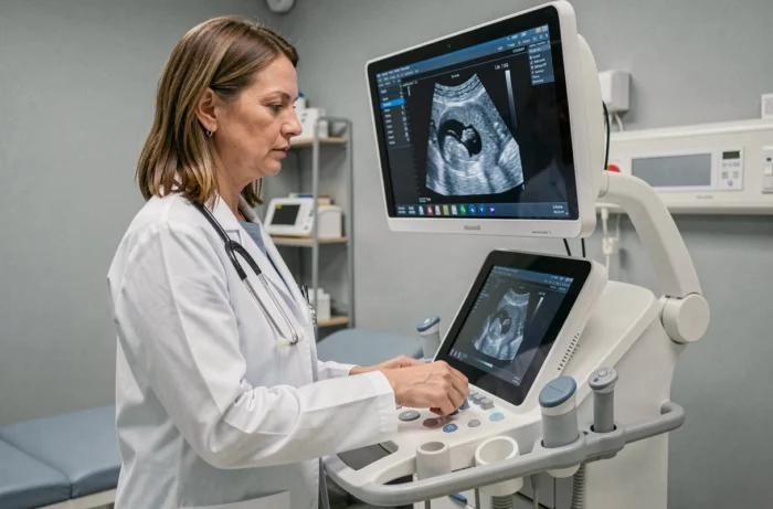 Médecin femme examinant un échographe performant dans un cabinet médical moderne