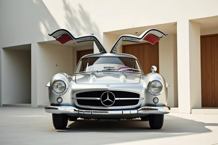 Mercedes-Benz 300 SL Gullwing de 1954 avec ses portes papillon ouvertes devant un bâtiment moderniste
