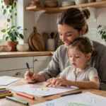 Mère accompagnant sa fille de 5 ans dans une activité de dessin à la table de cuisine en bois, ambiance familiale chaleureuse et naturelle