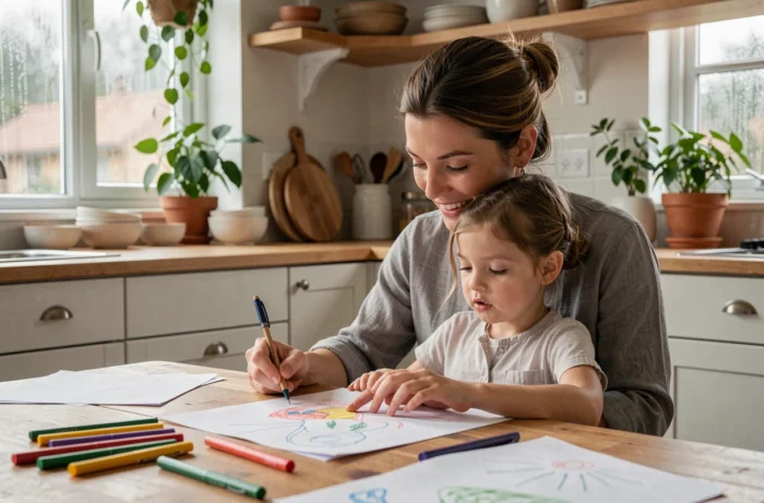 Mère accompagnant sa fille de 5 ans dans une activité de dessin à la table de cuisine en bois, ambiance familiale chaleureuse et naturelle