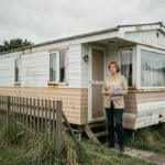 Mobil-home de plus de 20 ans sur un terrain en Belgique, avec une femme tenant des documents administratifs devant l'entrée