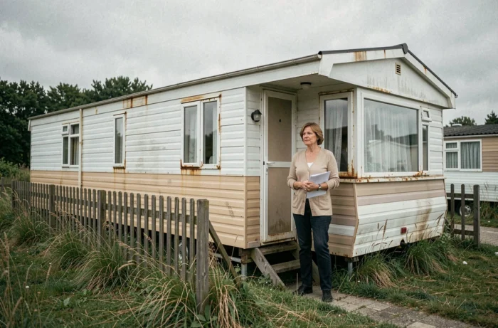 Mobil-home de plus de 20 ans sur un terrain en Belgique, avec une femme tenant des documents administratifs devant l'entrée