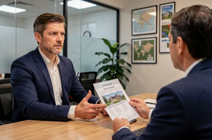 Un homme en blazer négocie le prix d'un bien immobilier avec un agent dans une agence moderne