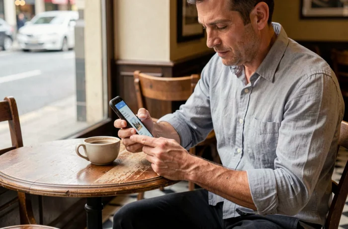 Homme d'affaires photographiant un reçu de restaurant avec son smartphone pour une note de frais