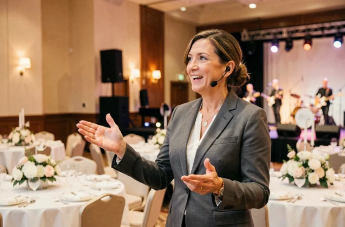 Organisatrice d'événement supervisant la mise en place d'une salle de réception festive avec scène et décoration florale