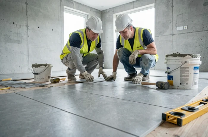 Ouvriers posant du carrelage en grès cérame dans un salon en rénovation
