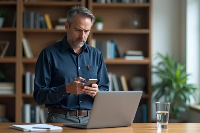 Homme vérifiant une notification bancaire par SMS sur son téléphone devant un ordinateur portable avec interface de banque en ligne