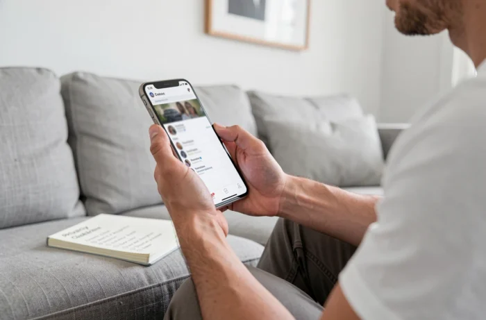 Mains tenant un smartphone avec les paramètres de confidentialité Instagram ouverts, liste de contrôle de protection de la vie privée visible