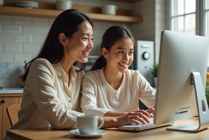 Mère aidant son enfant à se connecter à l'espace élève Pronote depuis un ordinateur familial
