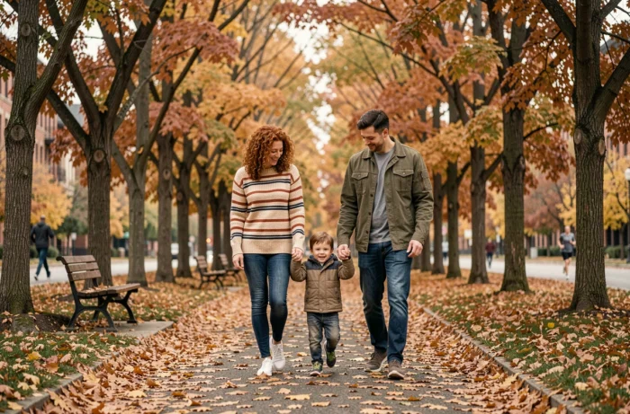 Parents guidant leur enfant de 3 ans lors d'une promenade en parc urbain en automne, feuilles colorées au sol et ambiance familiale détendue