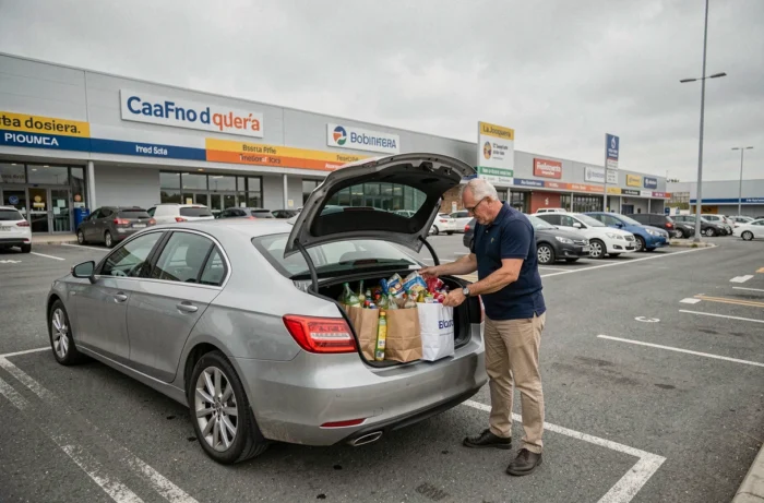 Homme chargeant des achats dans le coffre de sa voiture dans le parking d'une zone commerciale à La Jonquera