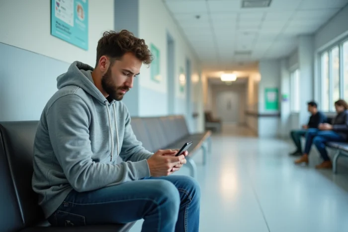 Jeune homme cherchant une plateforme de rendez-vous médical en ligne sur son smartphone dans une salle d'attente